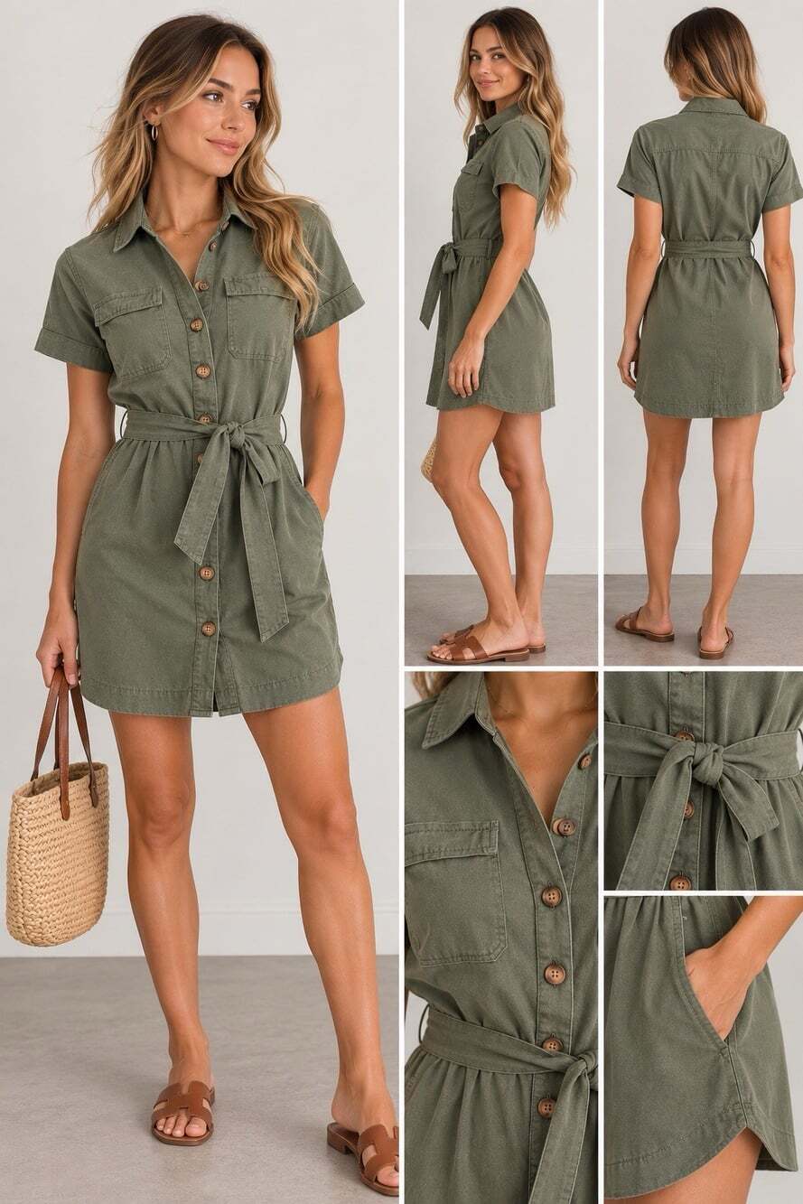 NWT LOFT Olive Green Utility Shirt Dress Belted Midi Dress Size M